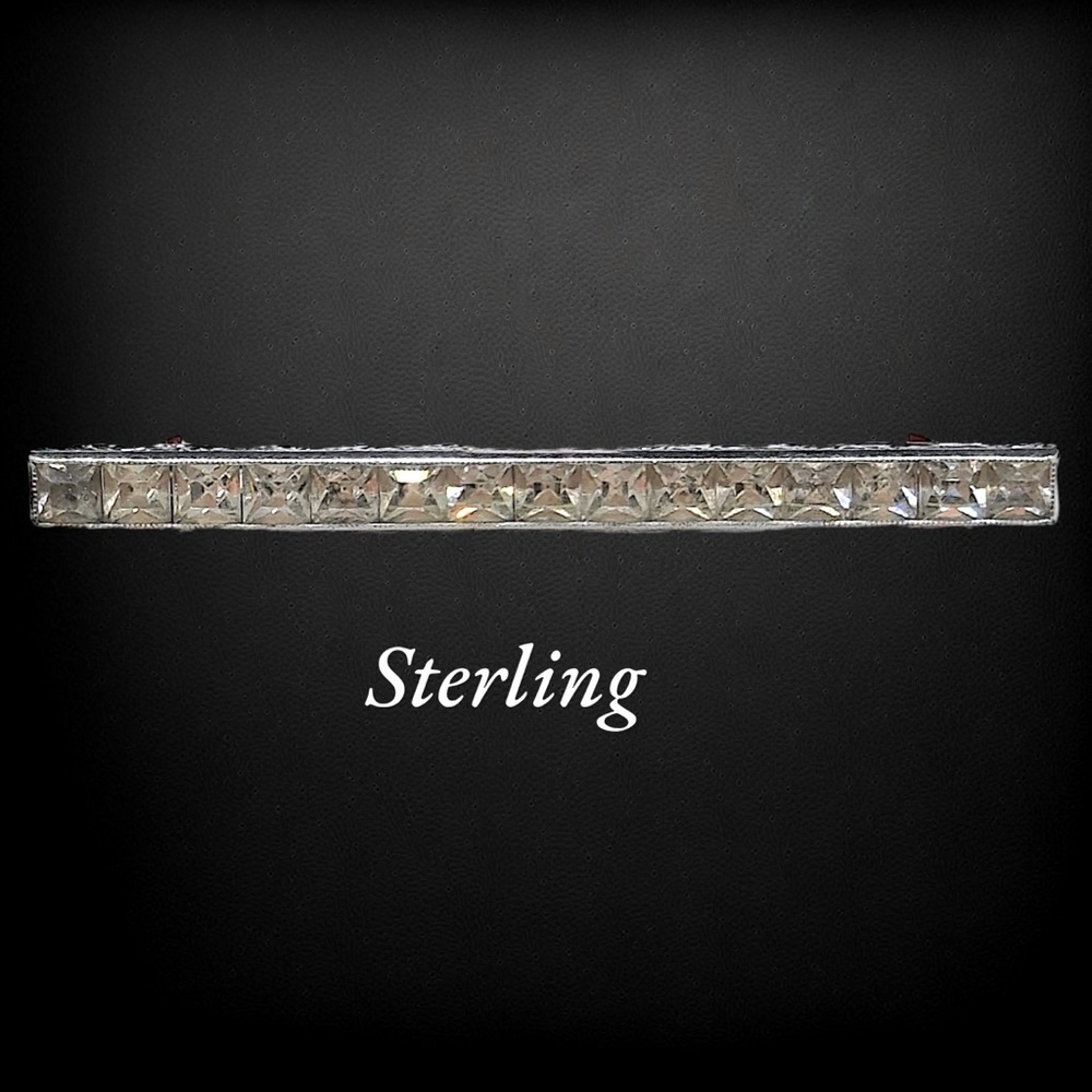 Vintage Art-Deco Sterling Silver & Clear Paste Baguette Bar Pin